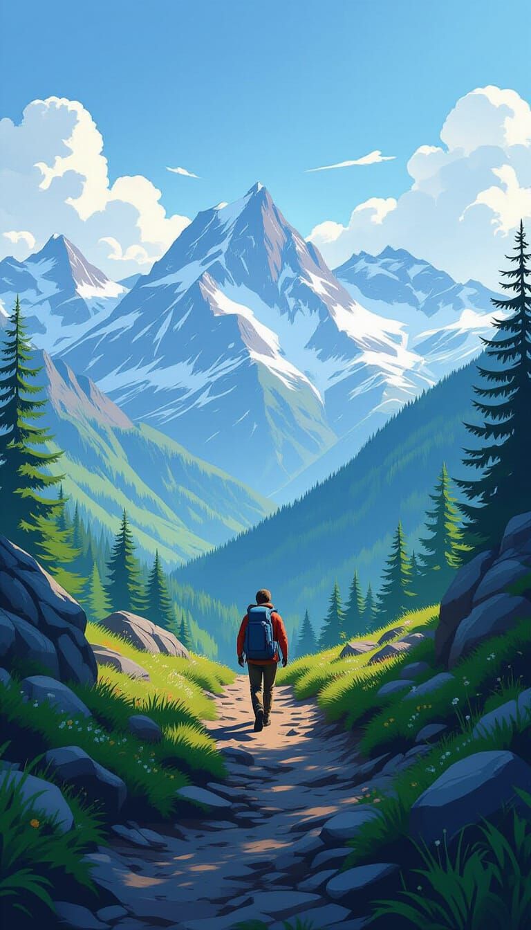 Hiker on Mountain Trail with Atmospheric Lighting