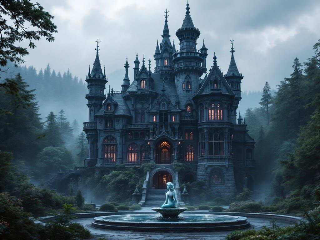 Gothic Mansion Amidst Dark Forest and Majestic Fountain