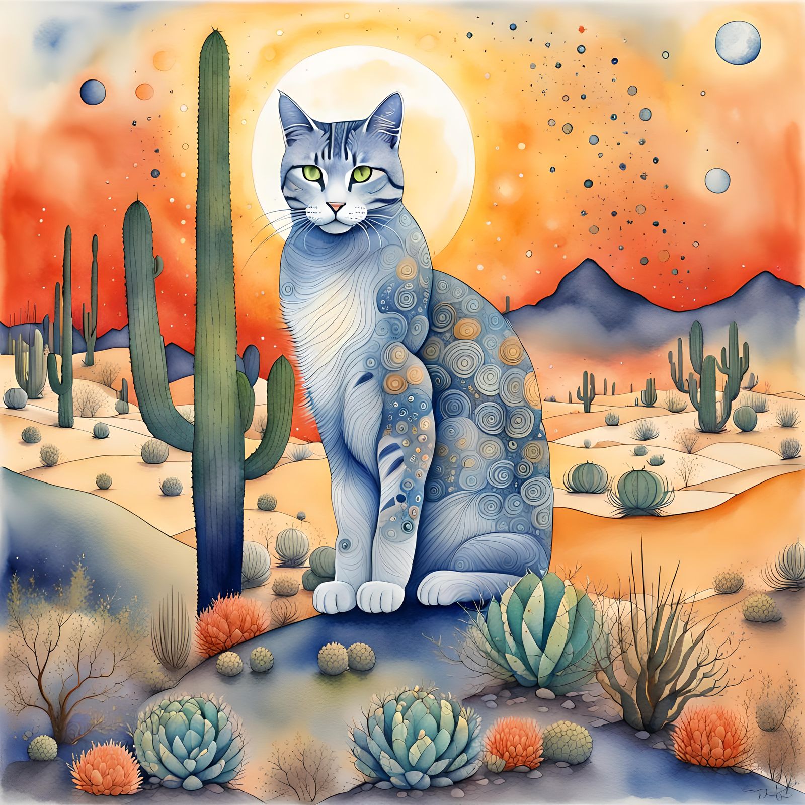Elegant Desert Cats in Moonlight: Watercolor Art