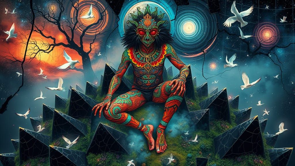 Mystical Prince Dancing on Pyramids in Bio-Art Collage