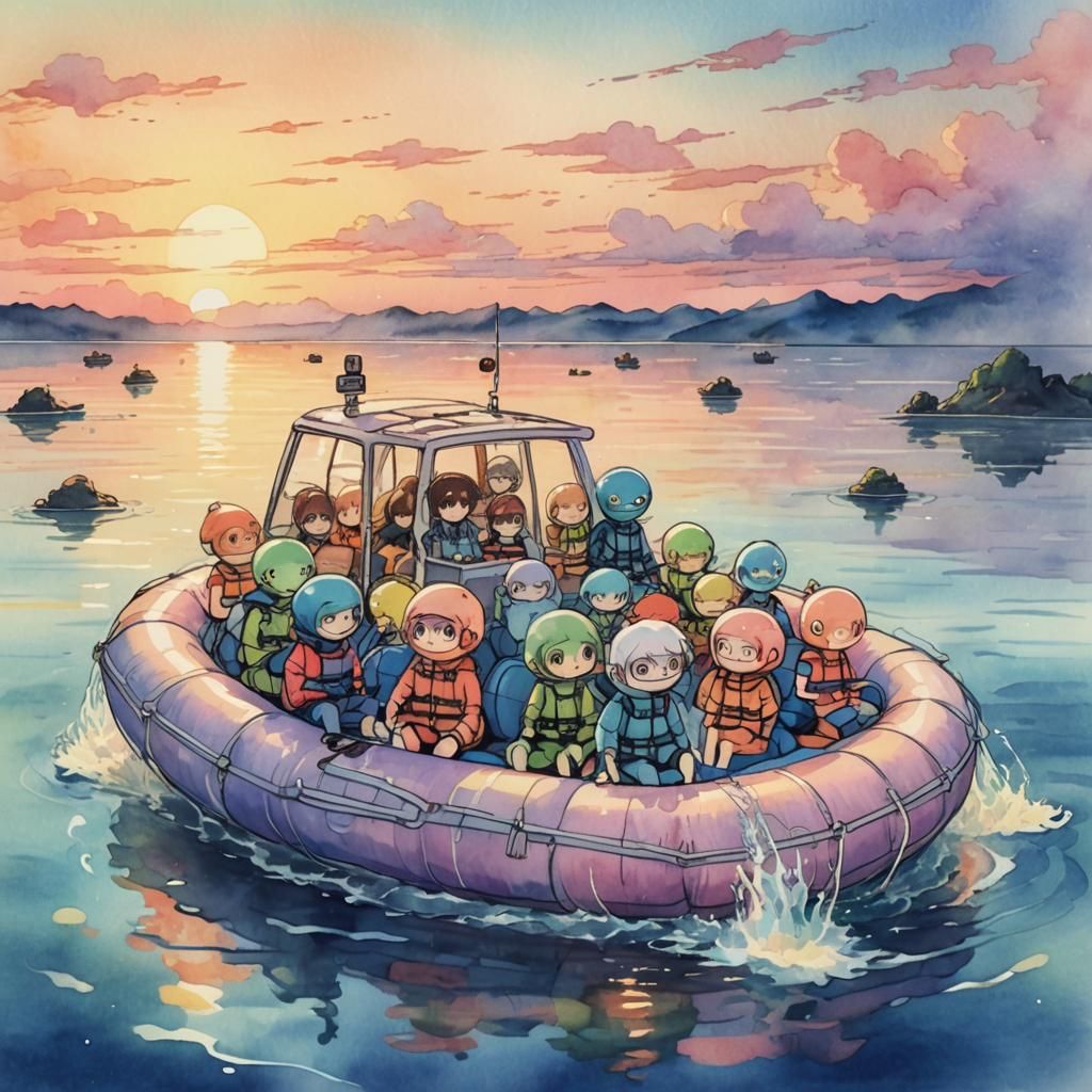 Cute Aliens in Inflatable Boat: Anime Watercolor Sunset