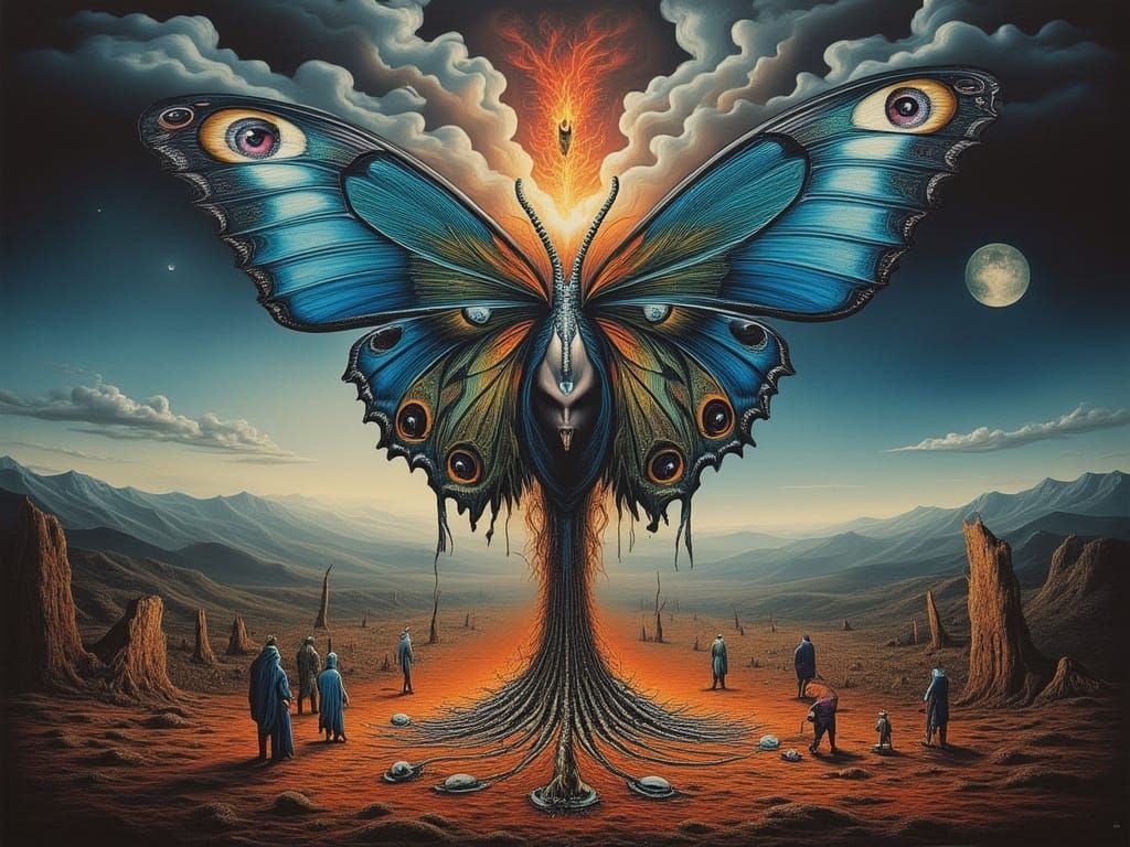 Surreal Xenomorph Butterfly-Man in Billowing Smoke