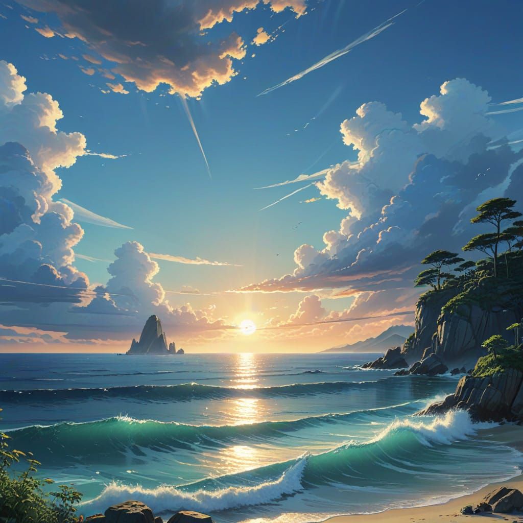 Surreal Anime Landscape with Ocean and Horizon
