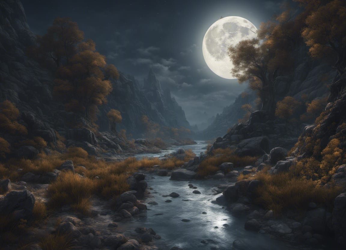 River at Full Moon: Detailed Matte Painting