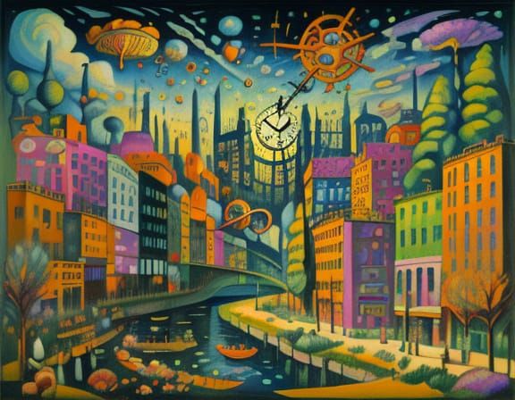 Surreal Fish Cycles Through Melting Clock Forest Oil Paintin...