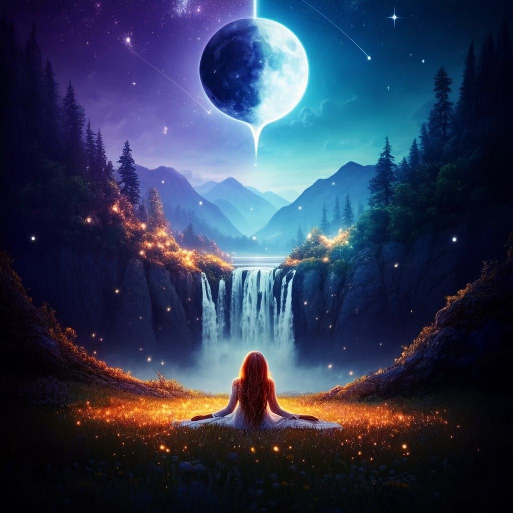 Woman Between Worlds Under Starry Night Sky