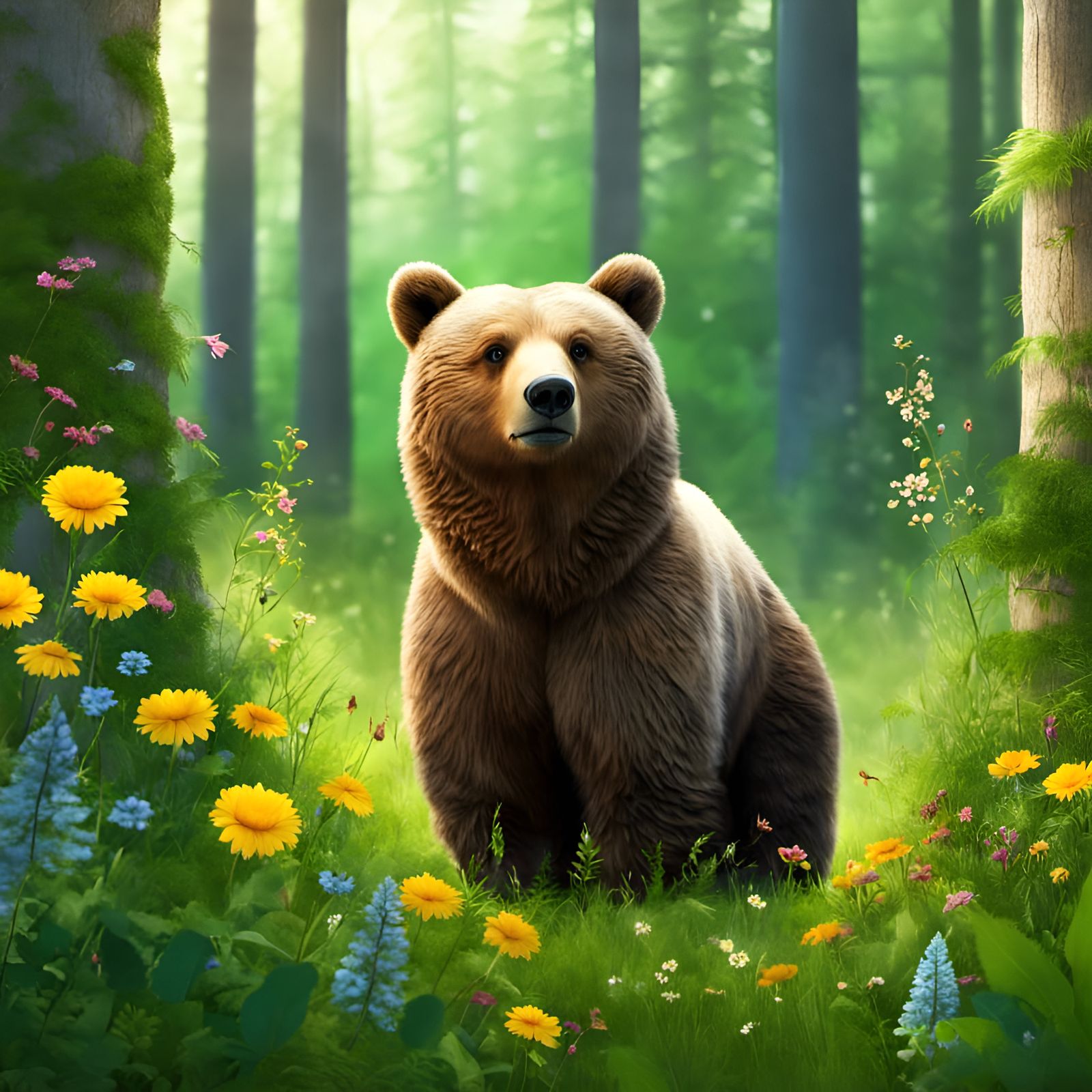 Cute Bear Gazing at Wildflower Forest
