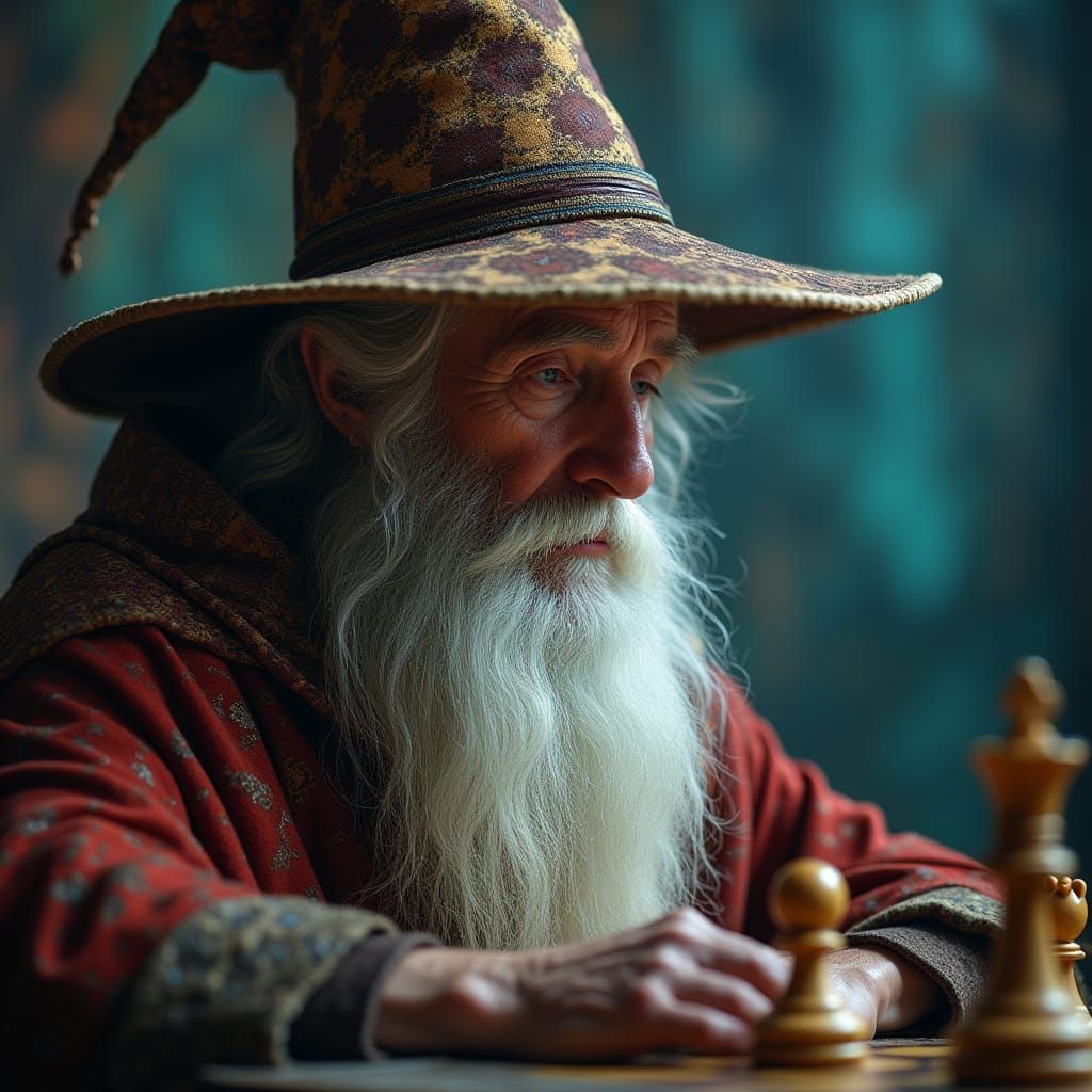 Hyperrealistic Chess Wizard in Intricately Patterned Attire,...