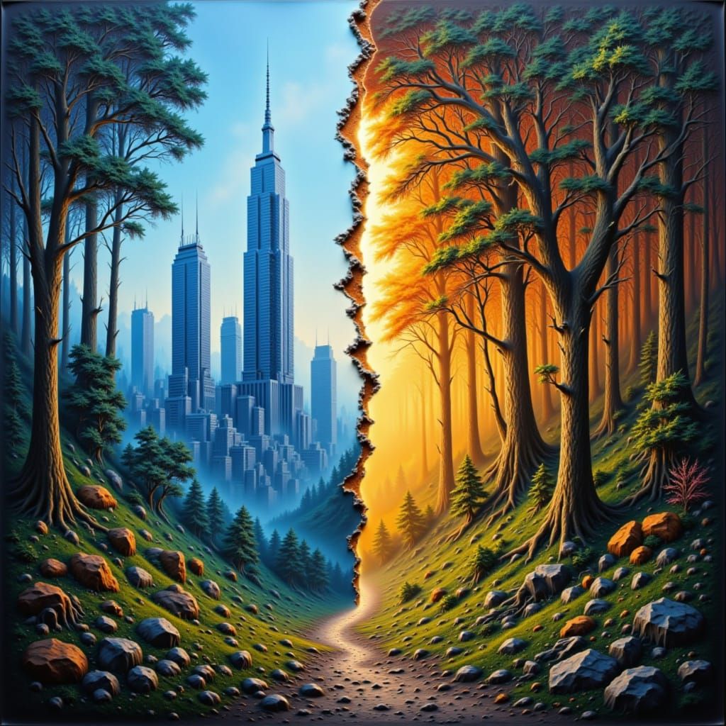 Surrealist Painting of Two Worlds Merging in Impossible Mome...