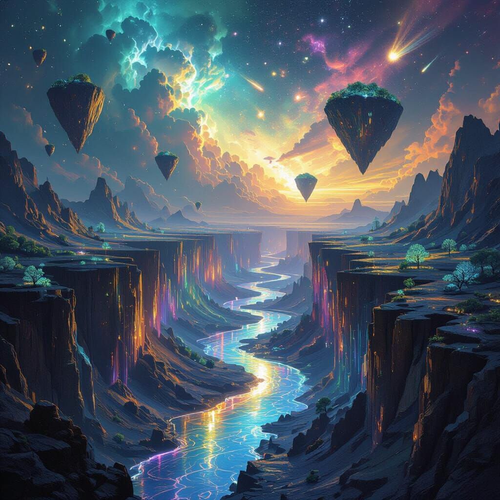 Cosmic Crystal Canyon with Bioluminescent Islands