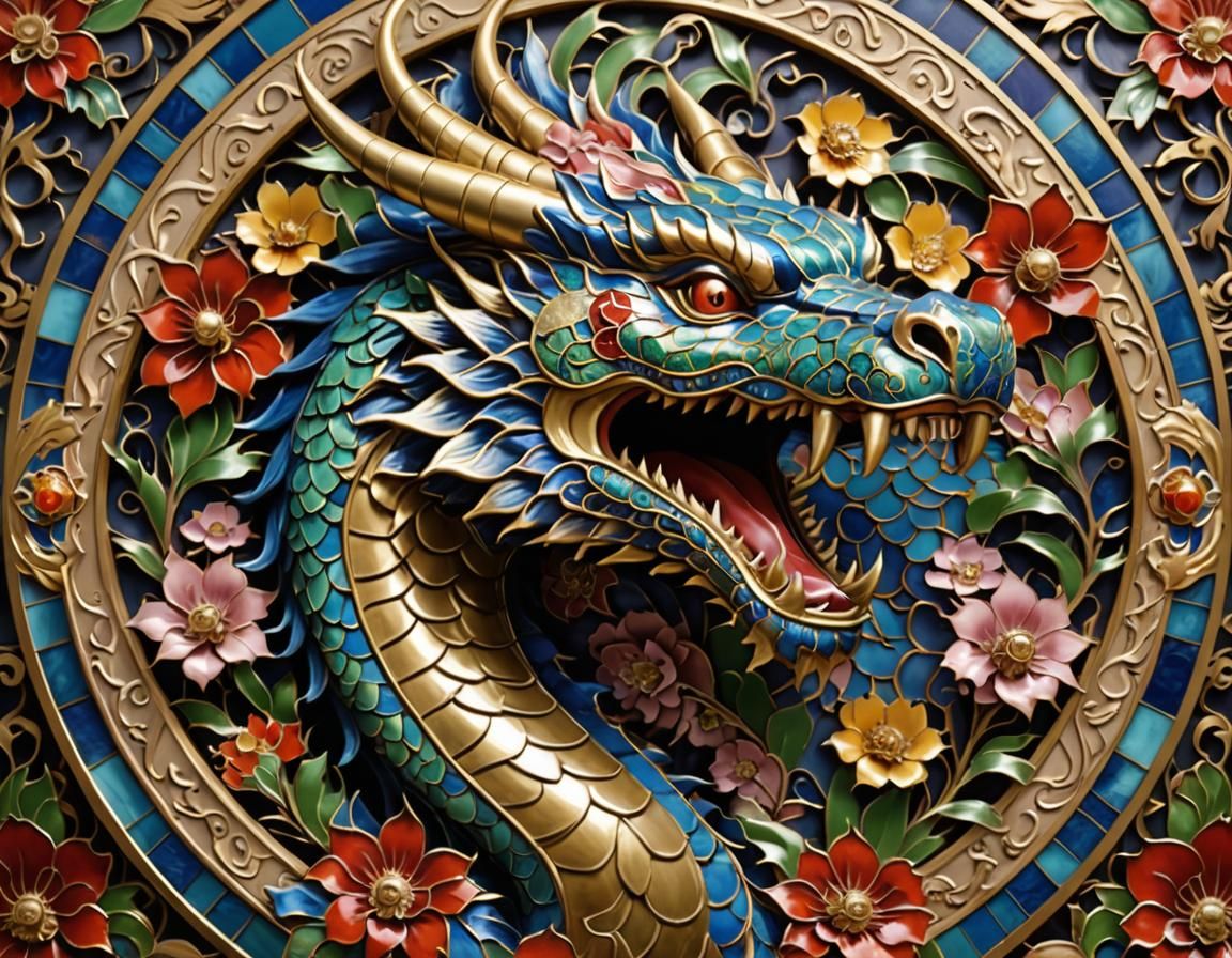 Regal Dragon Head in Cloisonné Metal Artwork