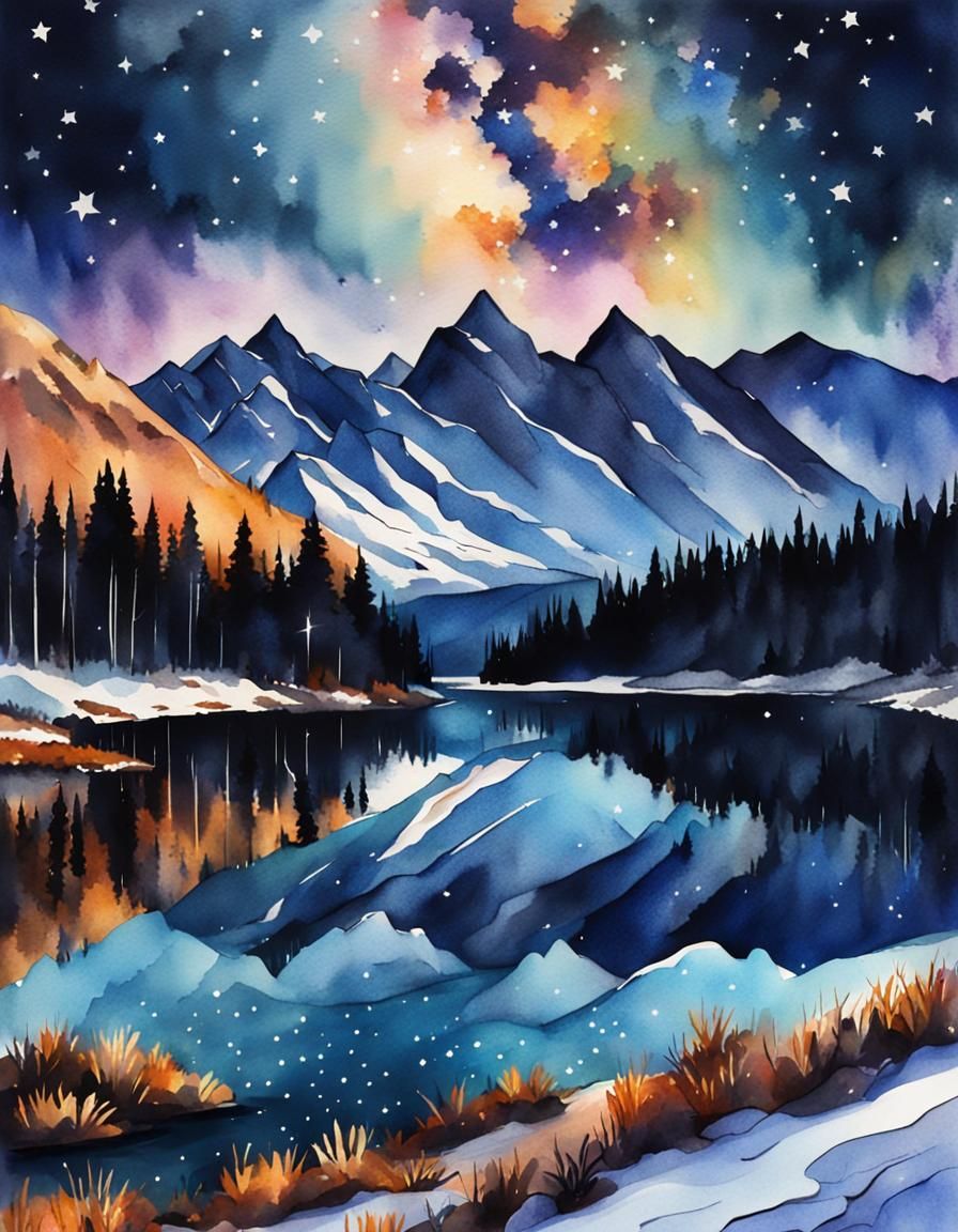 Starry Sky Reflected Over Snowy Mountain Lake