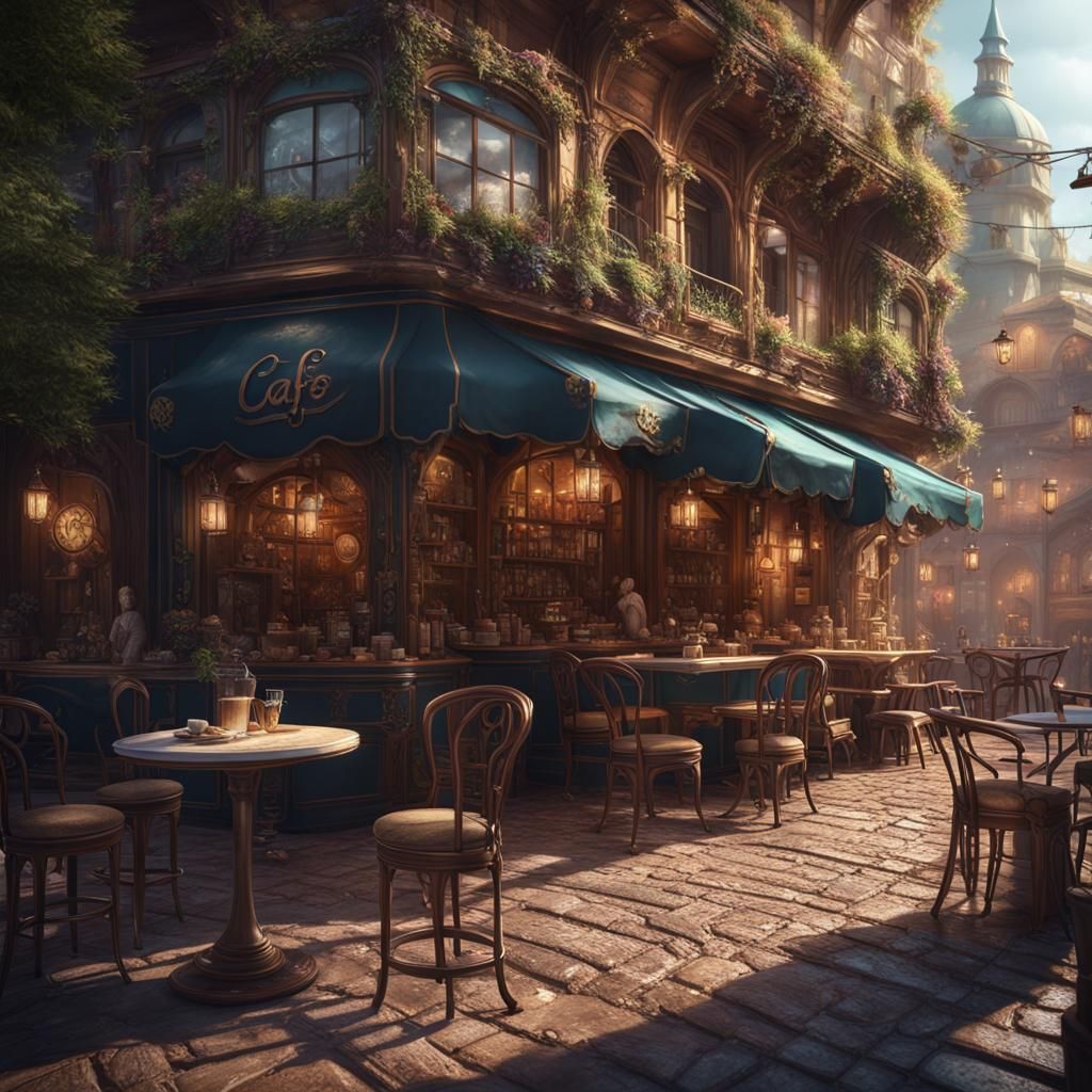 Fantastical Cafe in Detailed Matte Painting Style