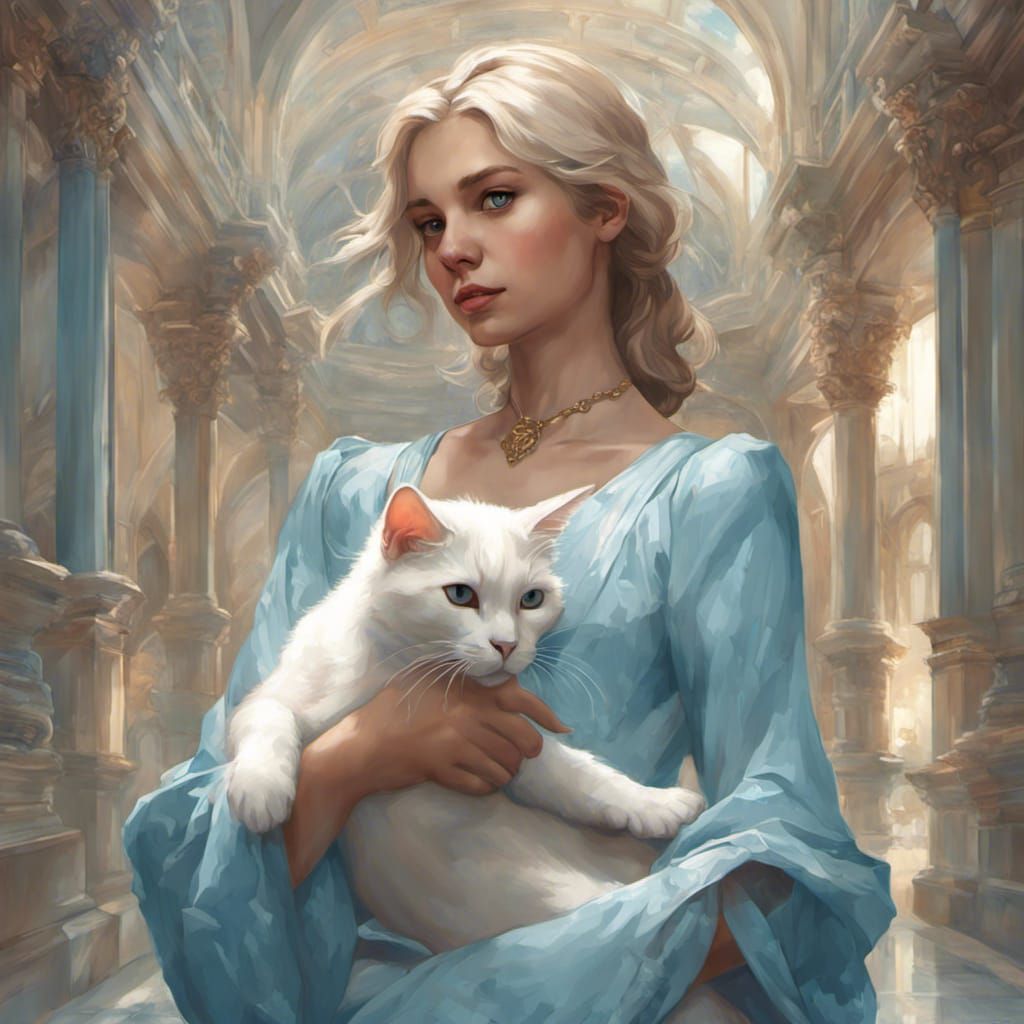 Girl with White Cat Portrait in Palace