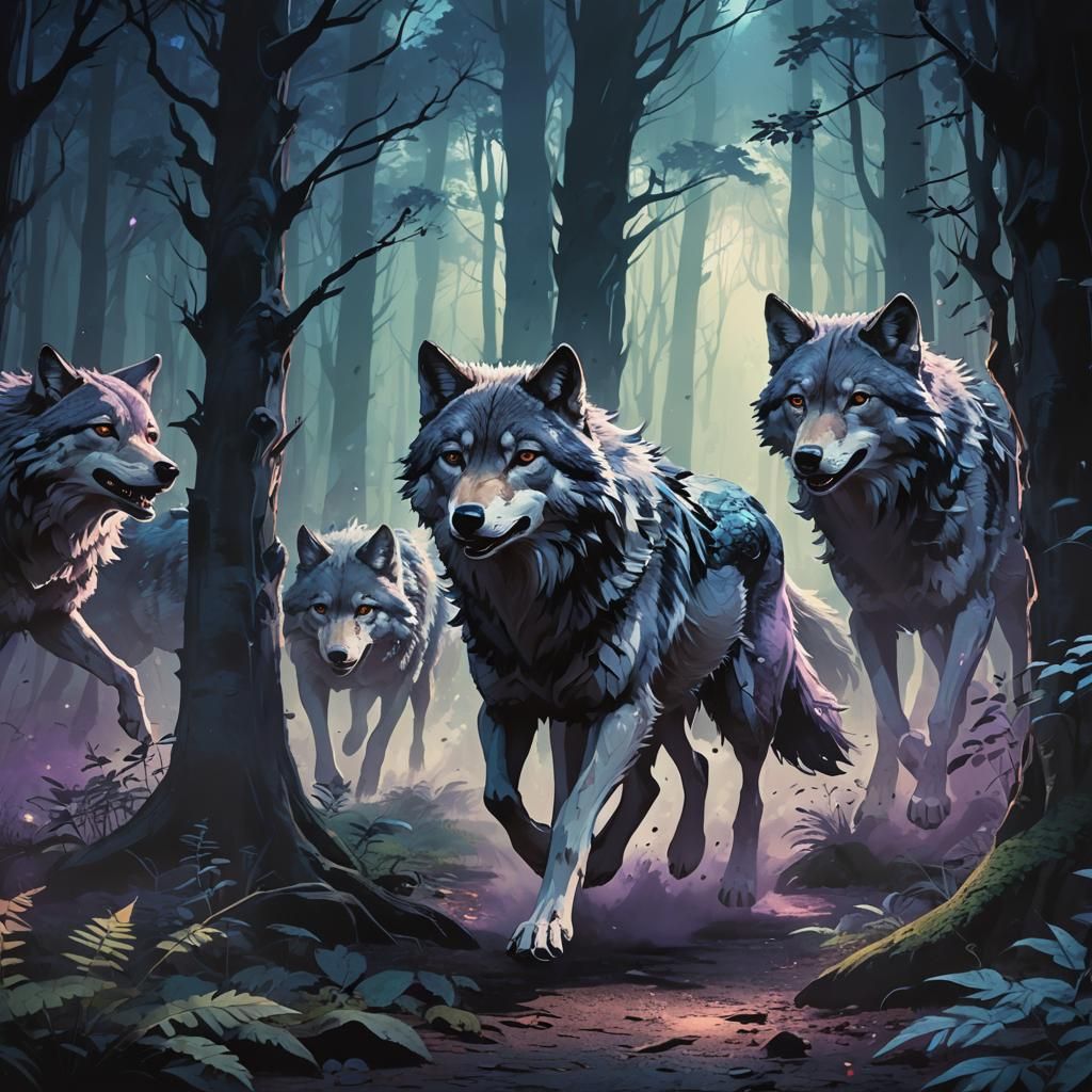 Dapple Grey Wolves Run Through Dark Forest