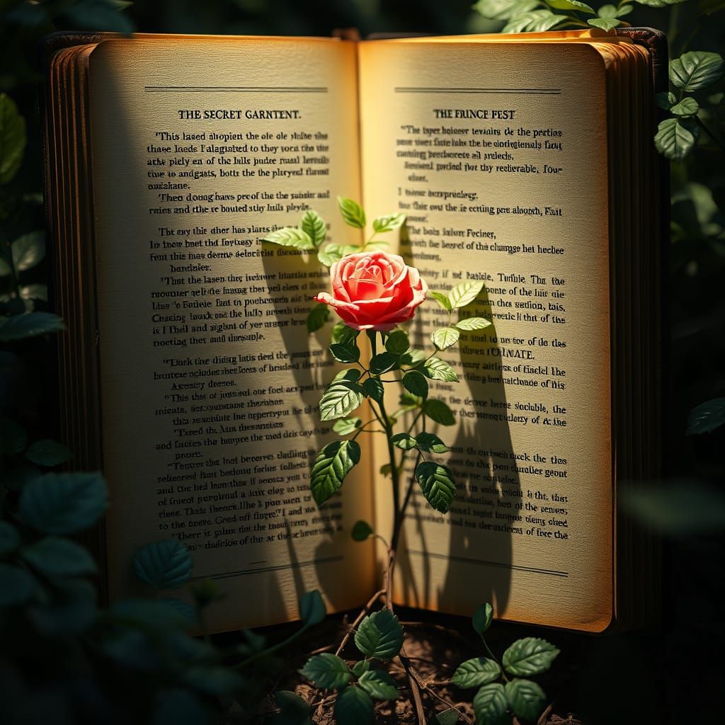 Tiny Rose Bush in Antique Book, 3D Render
