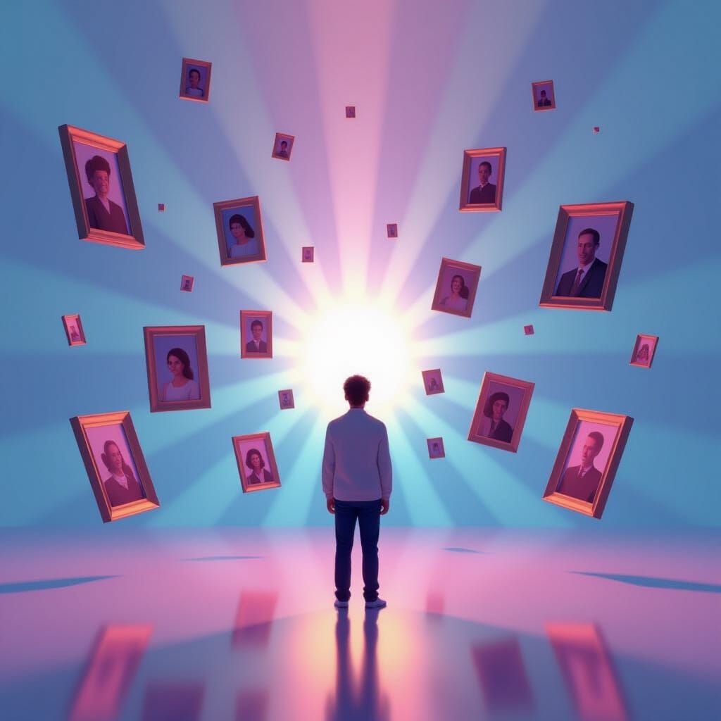 Person in Pixar-Style Scene with Floating Life Moments