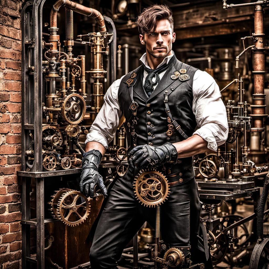 Steampunk Inventor and Cyborg Creation in Laboratory