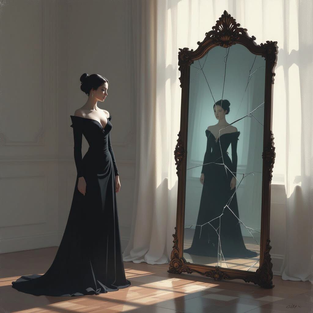 Eerie Silhouette Before Distorted Mirror in Matte Painting S...