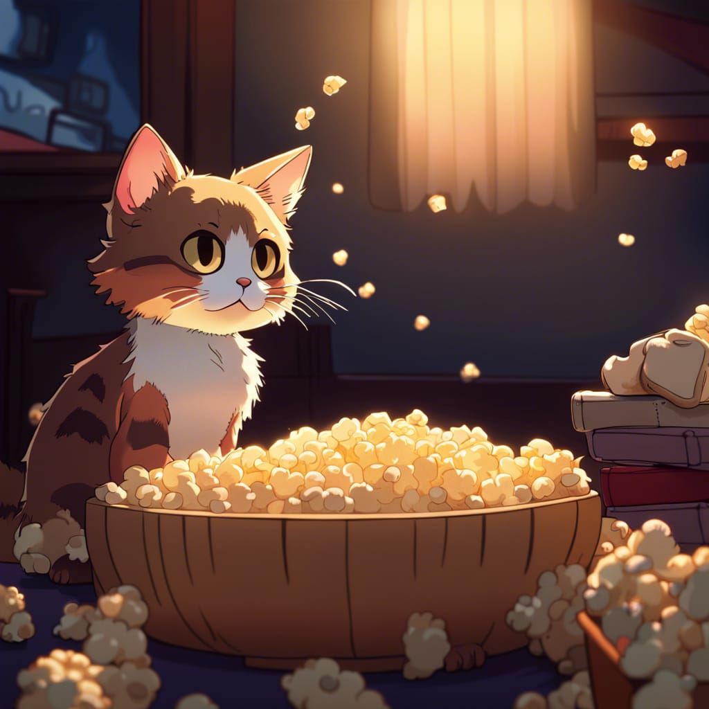 Anime Cat's Movie Night: Ghibli-Inspired Scene