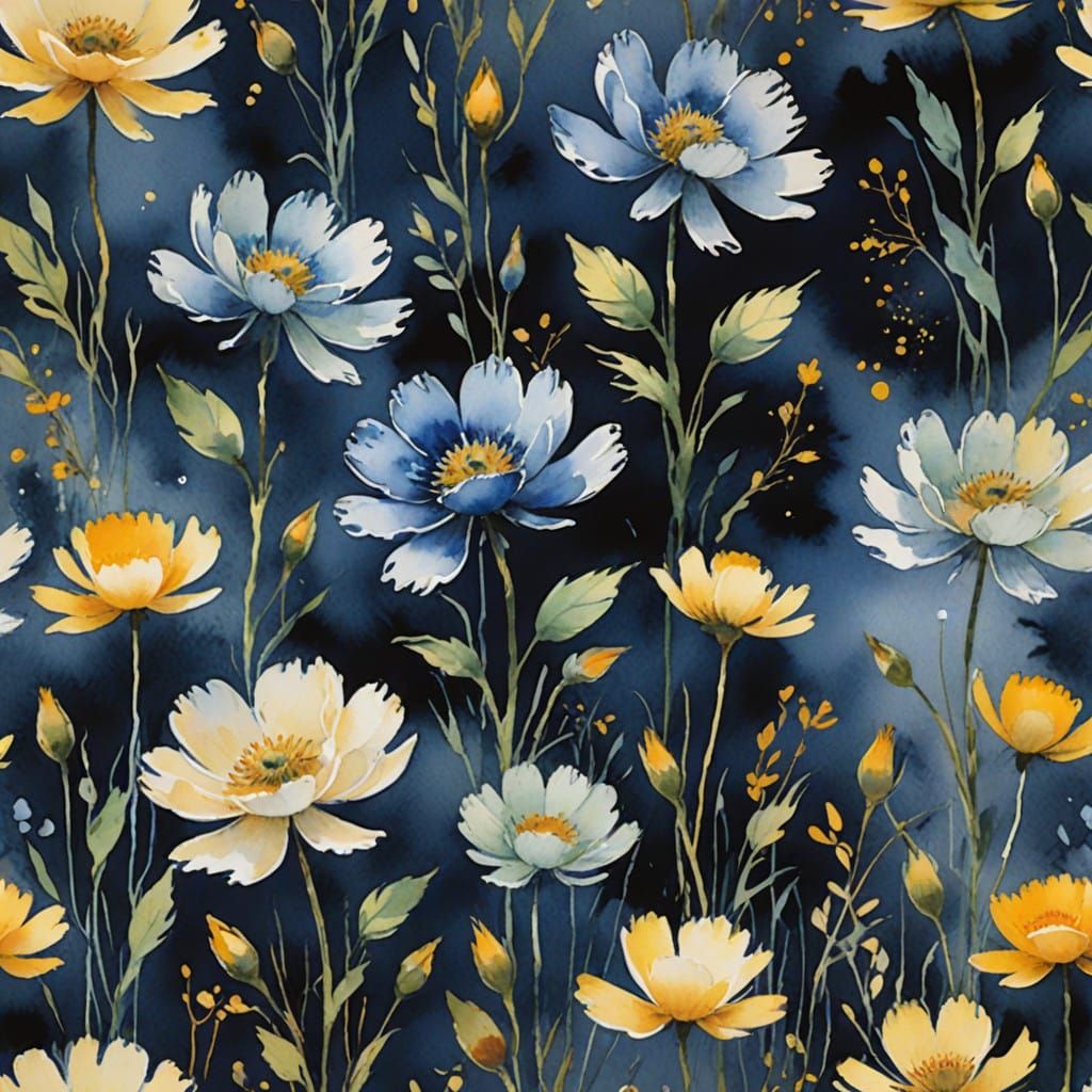 Whimsical Watercolor Blooms in Dark Navy and Light Black