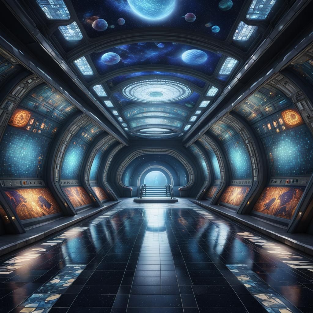 metro station with a mosaic depicting space and aliens