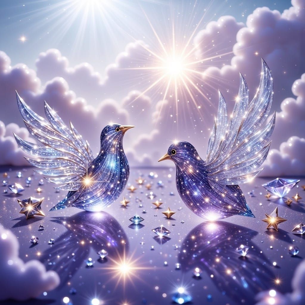 Iridescent Glass Birds with Fractal Patterns