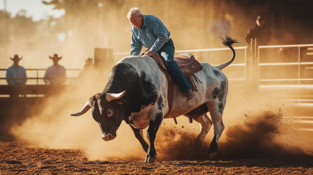 Vintage Western Rodeo Scene with Elderly Bull Rider