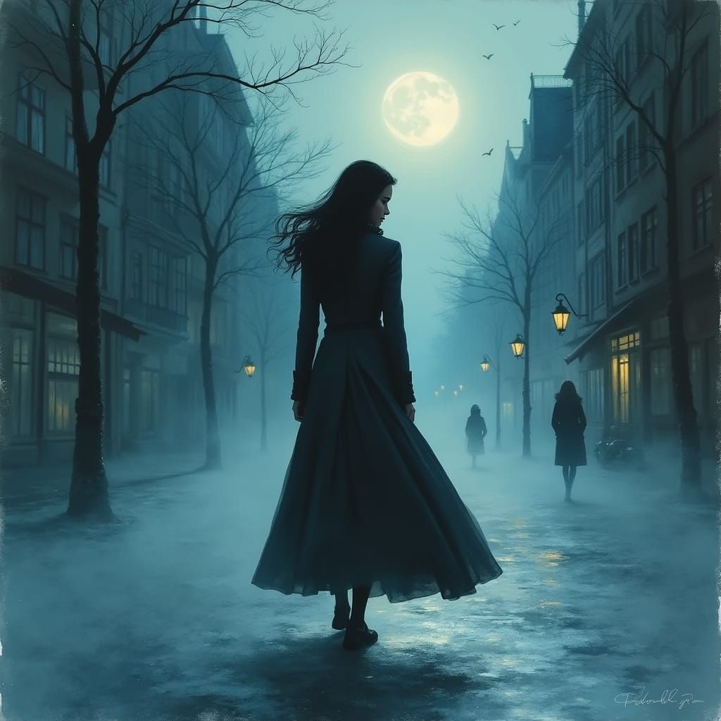 Misty Moonlit Woman in Cityscape as Ink Painting