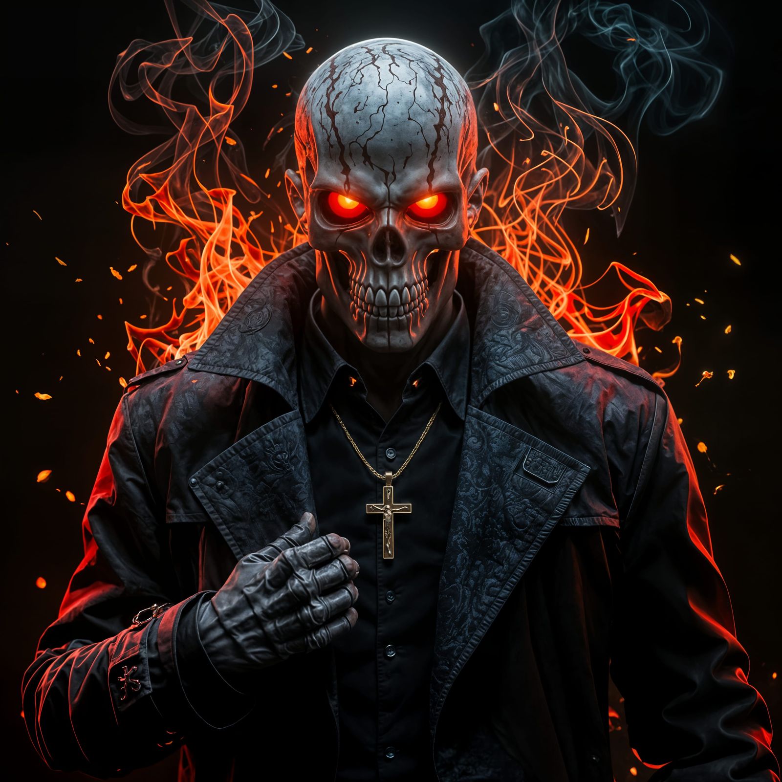 Menacing Skeletal Figure with Fiery Skull in Dark Trench Coa...