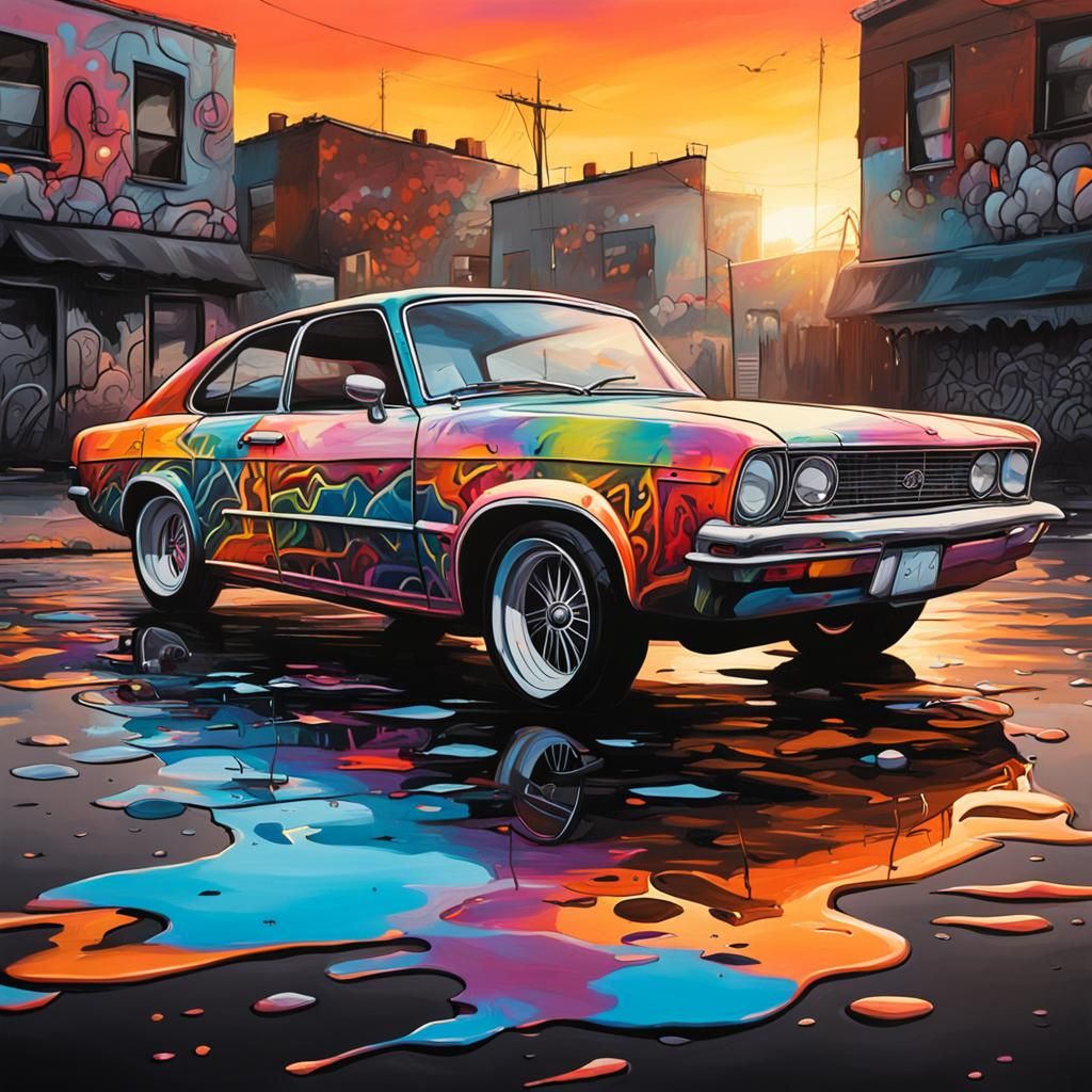 Sunset Car in Graffiti Splash Art Style