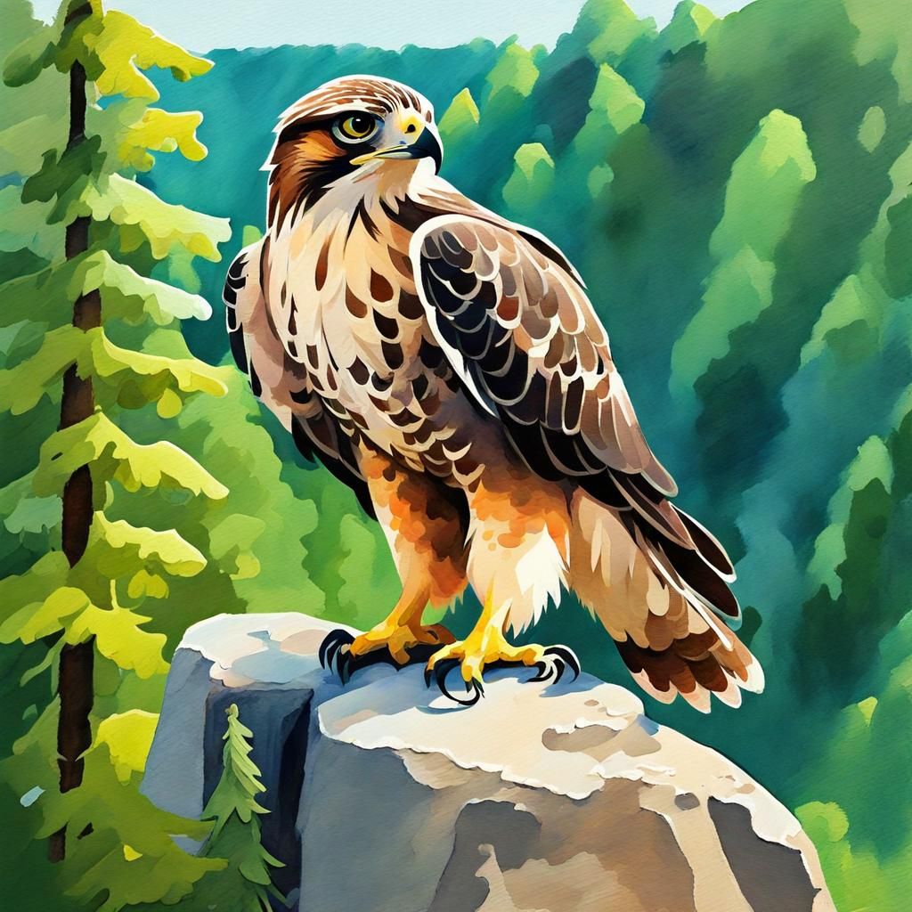 Baby Hawk on Cliff in Gouache Style