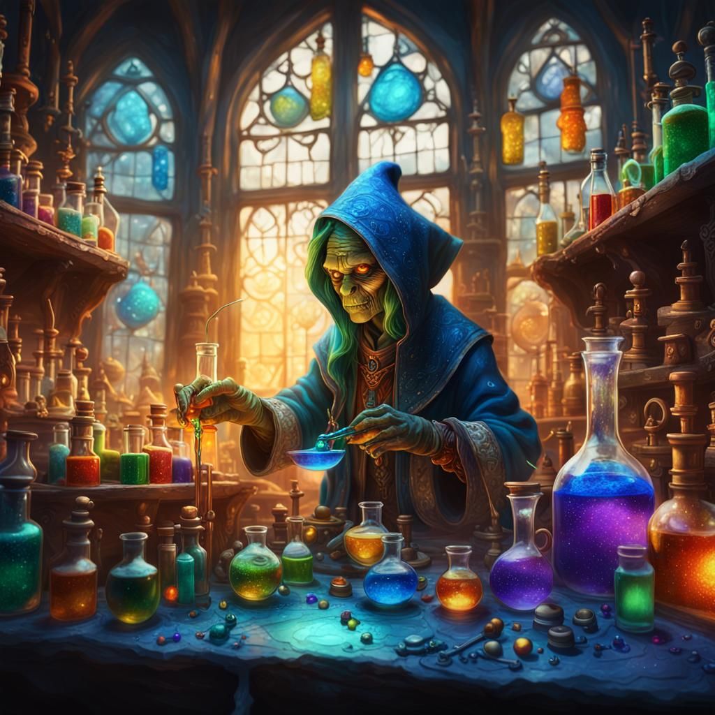 Female Goblin Alchemist Mixing Potions in Laboratory