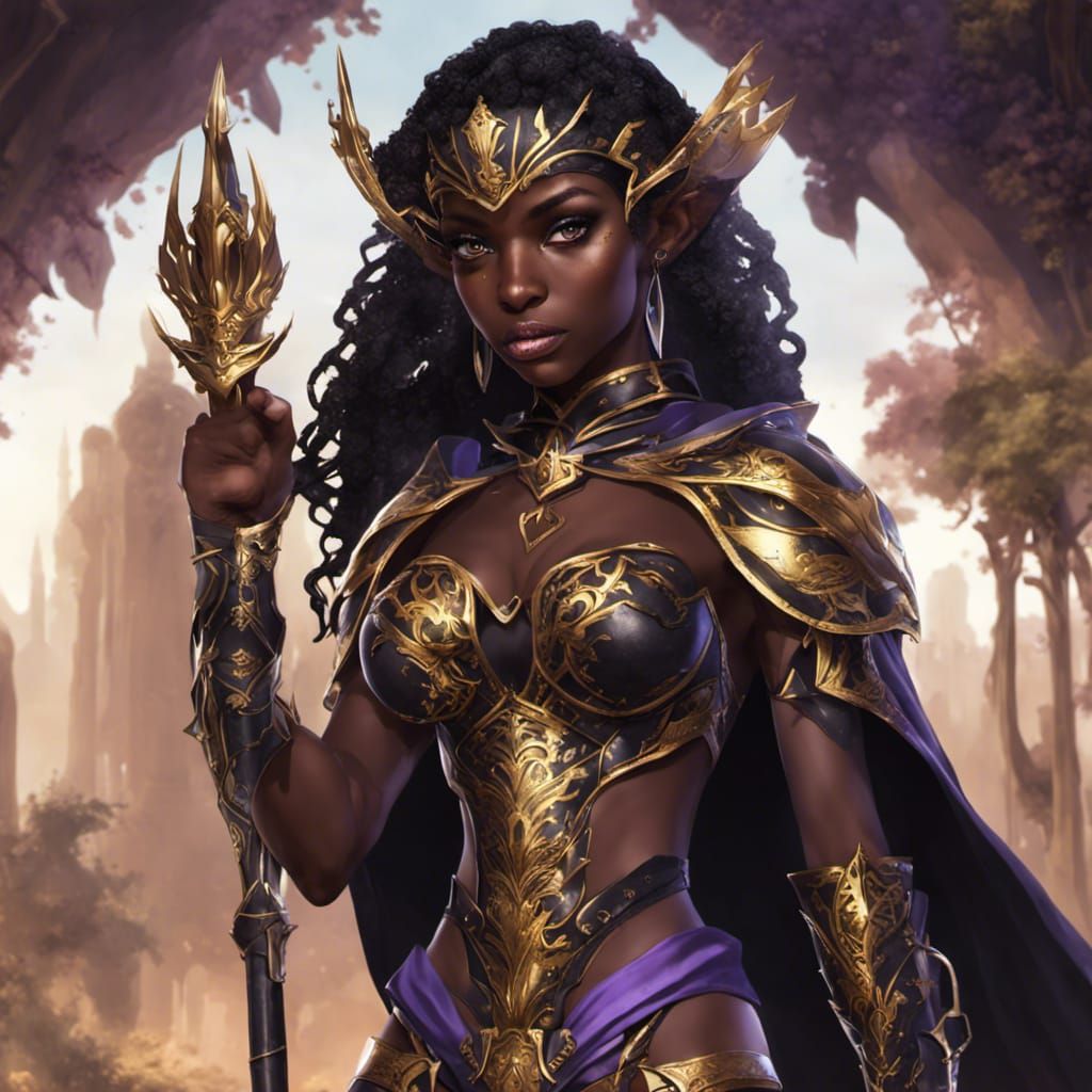 Black Elf Girl in Golden Armor, Fantasy Art