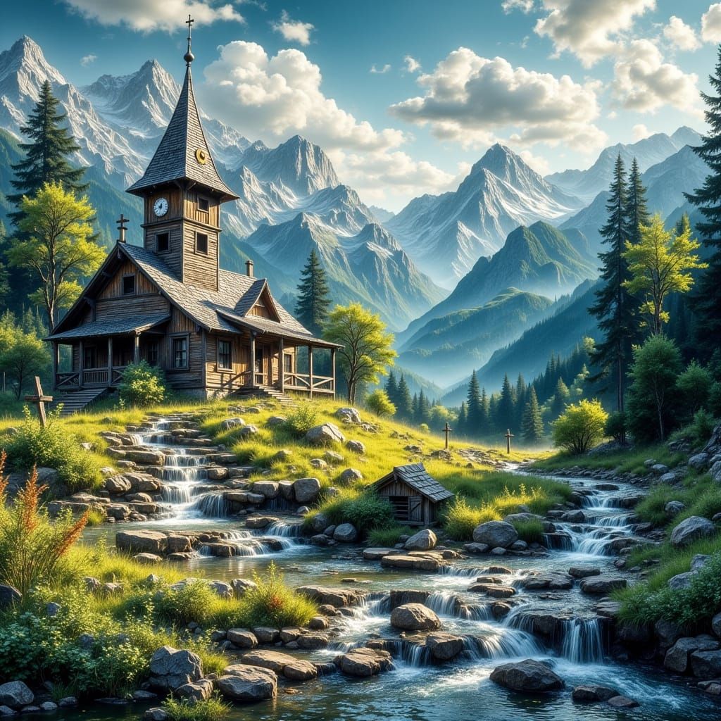 Picturesque Hut, Mountains, Church as Impasto Painting