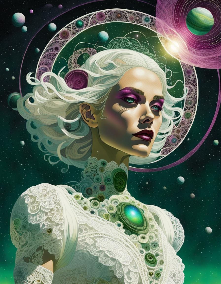 Galactic Woman Floating in Starry Sky: Pointillism Art