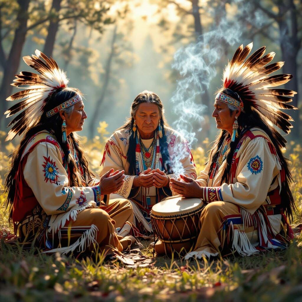 Native American Elders Prayer Circle in Golden Light