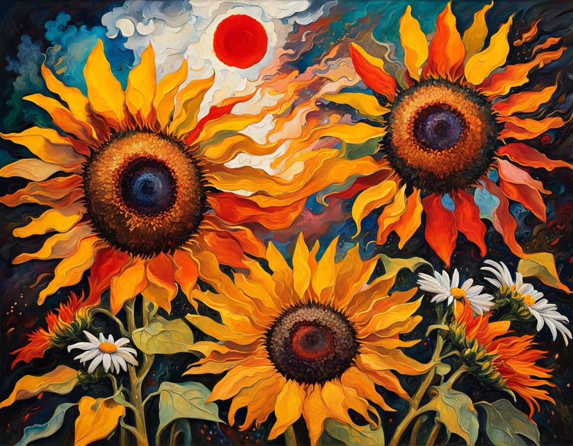 Burning Sunflowers Collage in Abstract Expressionist Style