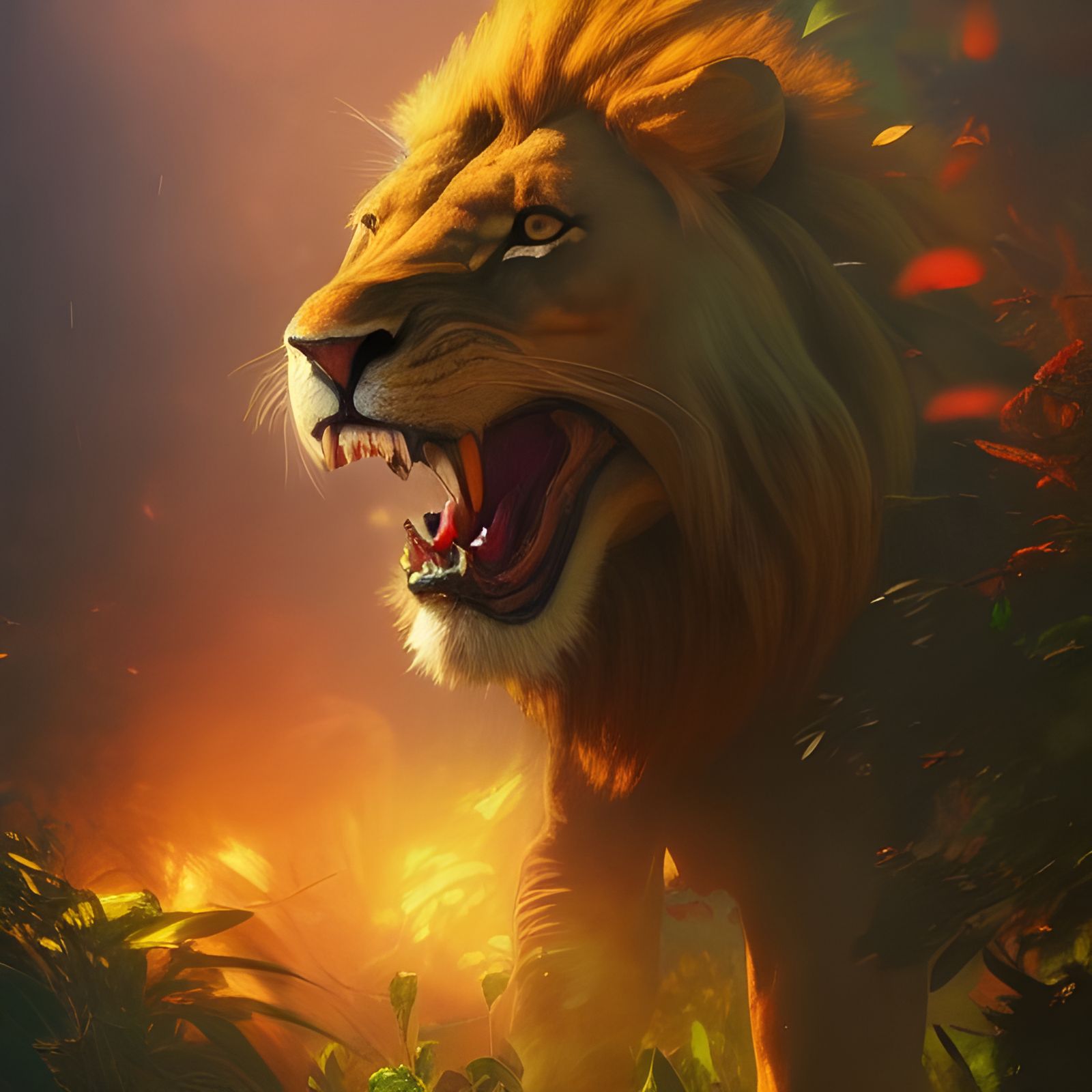 Lion Attack in Burning Jungle: Hyperdetailed Concept Art