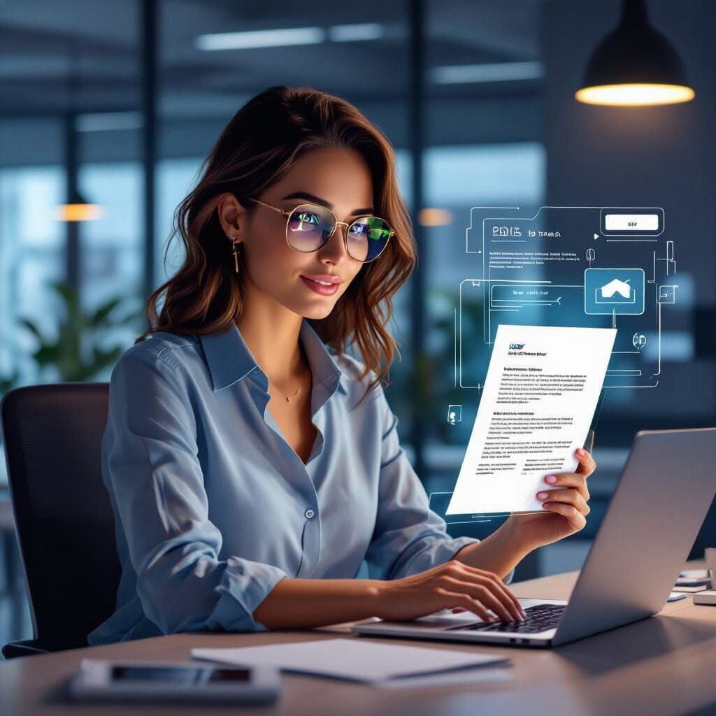 Professional Woman Converting PDF in Digital Art Style