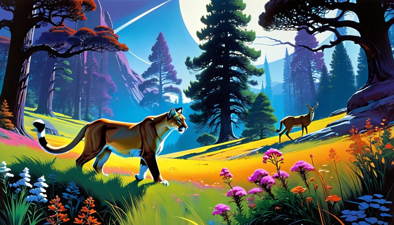 Mountain Lion Watches Deer in Vibrant Mountain Pasture