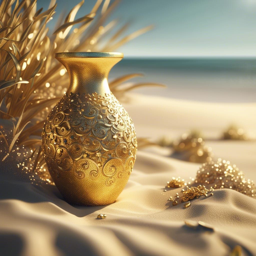 Gold Jewel Vase on Beach, Hyper-Detailed Digital Art