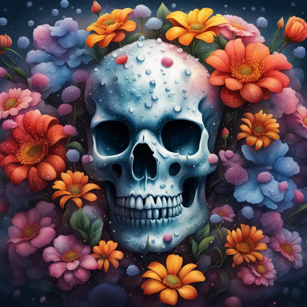 Hyperrealistic Skull Surrounded by Dewy Flowers