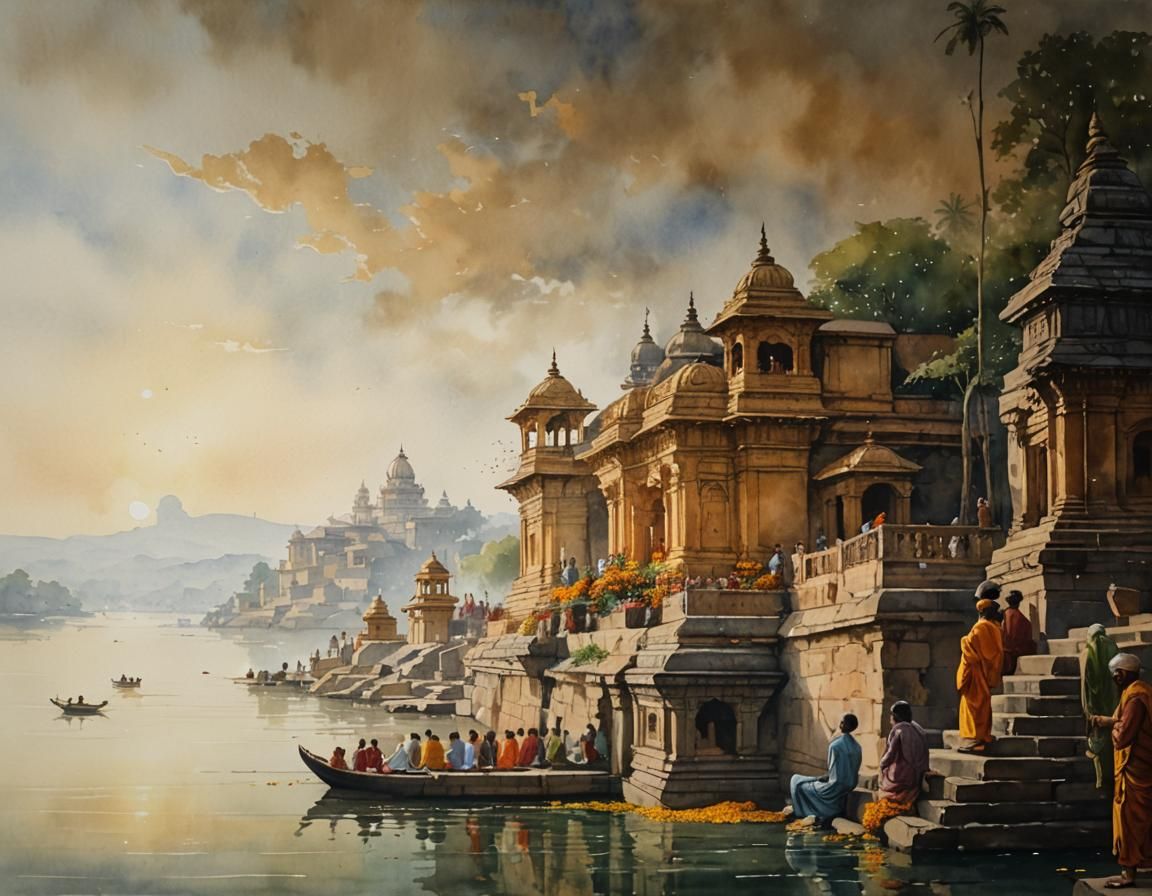 Banaras Ghats Watercolor Painting with Golden Light