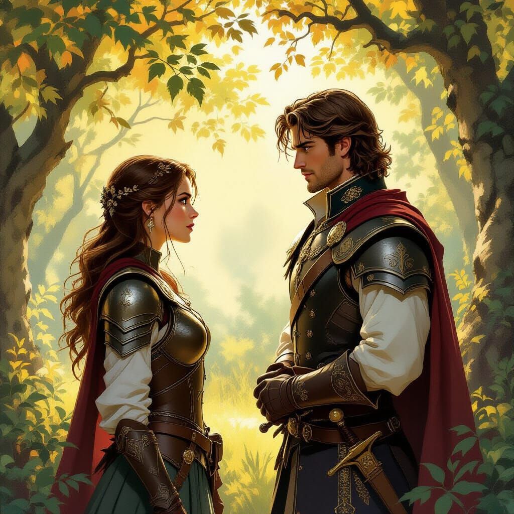 Romantic Fantasy Hunter Gazes at Royal Prince in Forest