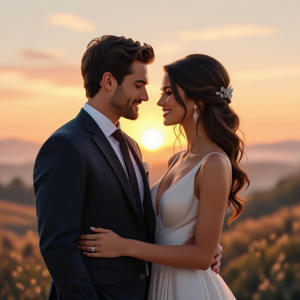 Couple's Tender Glance at Dawn in Hyperrealism Style