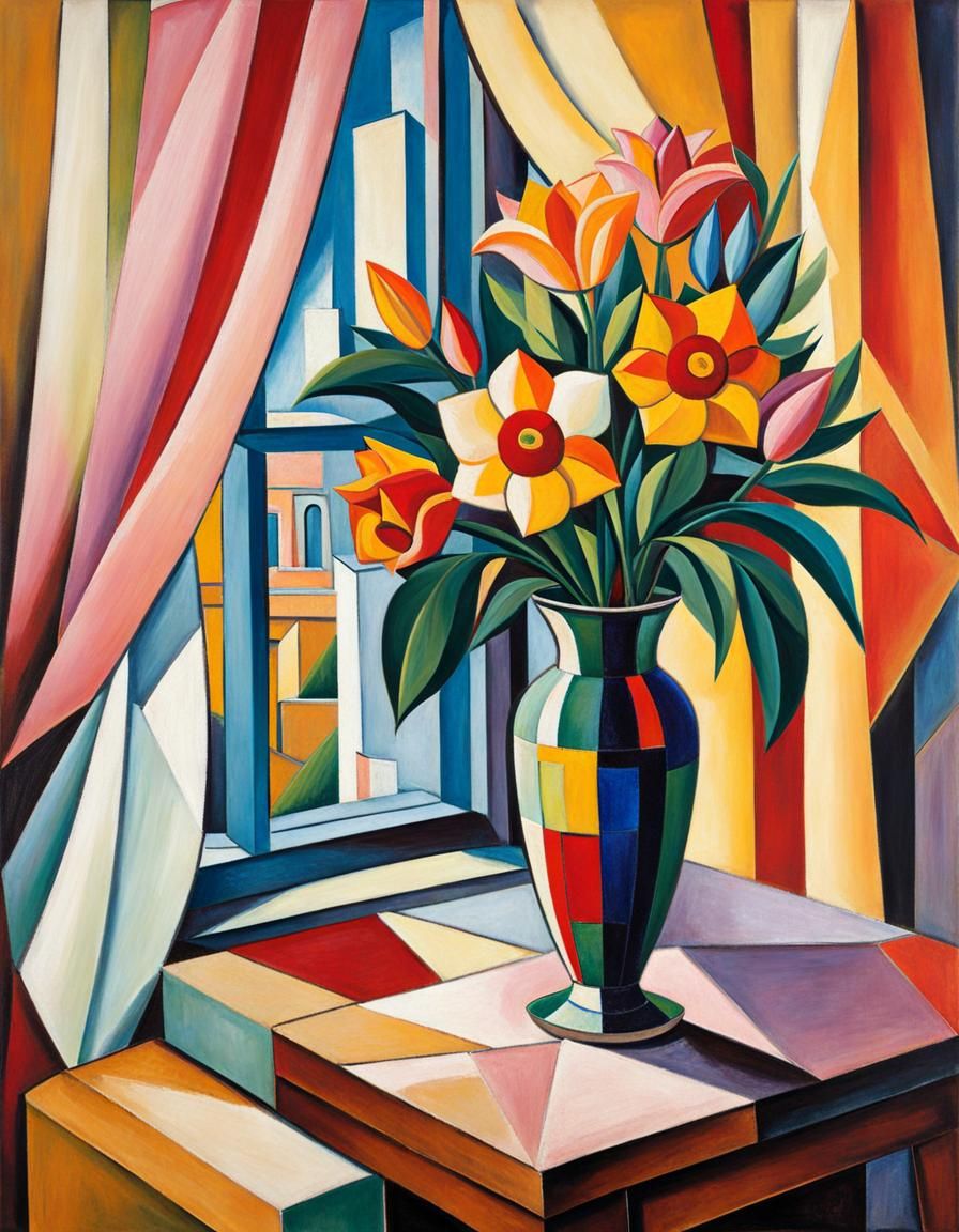 Cubist Still Life Flowers in Vivid Oil Pastels