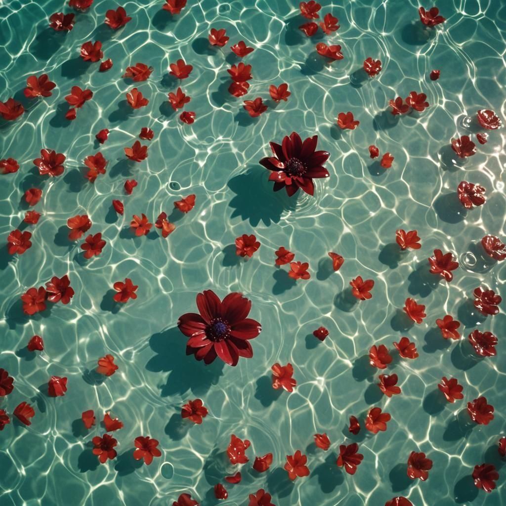 Dramatic Red Flower in Swimming Pool: Cinematic Still