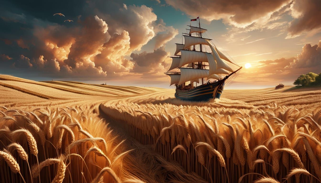 Galleon Sails Golden Wheat Sea: Fantasy Concept Art