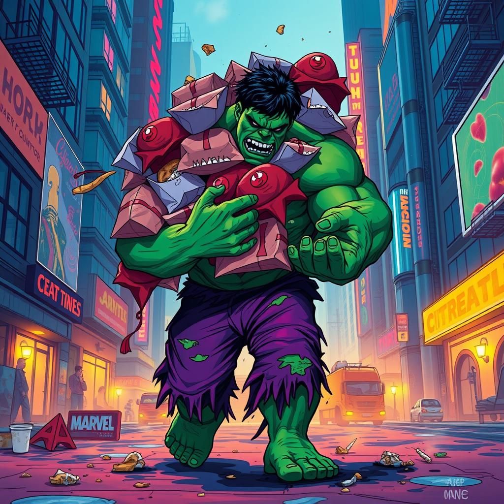 Hulk's Hungry Delivery: Neon-Infused Cyberpunk Cityscape
